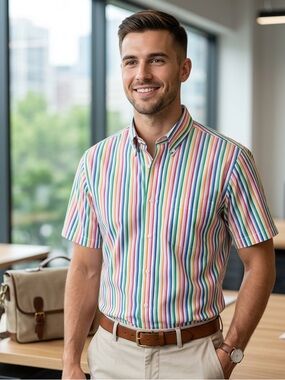 Paul Fredrick Multicolor Rainbow Stripe Short Sleeve Button-Up Shirt Large